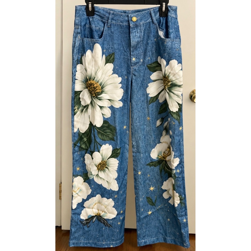 Women Floral Daisy Star Print Wide Leg Pants Denim Look Blue XXL